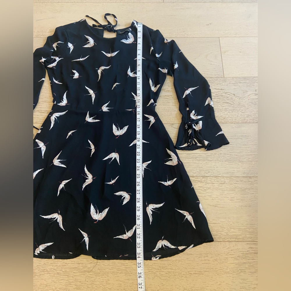 Black Fit & Flare Mini Dress Bird Print Medium Square Neck Feminine Summer - Picture 7 of 8